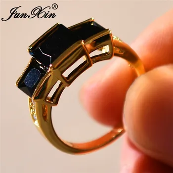 JUNXIN Princess Cut Stone Black pierścienie dla mężczyzn kobiet żółte złoto wypełnione AAA Cyrkonią duży palec pierścień męski kobiece dekoracje ślubne