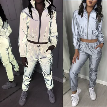 Kobiety dres 2-częściowy zestaw hip-hop odblaskowe crop top moda spodnie Damskie na zamek kurtka płaszcz meble ubrania odpowiednie zestawy S-XXXL