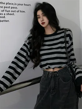 Kobiety koreański styl krótka wersja wysoka talia z długim rękawem w paski t-shirt biuro Lady vintage casual temat Ulzzang Slim Fit Tee
