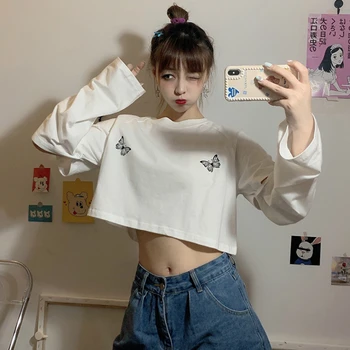 Koszulki kobiety skrócony top odpinany długi rękaw drukowanych temat lato Moda koreański styl Harajuku damskie damskie uliczne topy