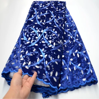 Królewski niebieski brokat netto koronki tkaniny 2020 wysokiej jakości Afrykańska siatka suknia ślubna panny młodej szycie wyszywane cekinami materiał
