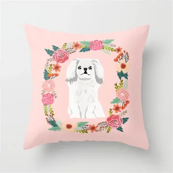 Kwiaty i szczeniak portret poszewka ładny niegrzeczny pies poszewka jamnik, buldog kolorowe ciepły styl dekoracji domu