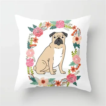 Kwiaty i szczeniak portret poszewka ładny niegrzeczny pies poszewka jamnik, buldog kolorowe ciepły styl dekoracji domu