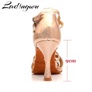 Ladingwu taniec buty kobieta łacińska przebarwienia wąż tekstura złota PU Salsa taniec buty 9 cm kubańska pięta tango profesjonalne buty