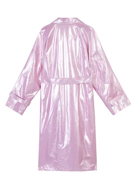Lautaro różowy długi lakierowany skórzany płaszcz dla kobiet z długim rękawem podwójne breasted ponadgabarytowych wysoka moda Damska odzież 2020