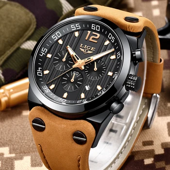 LIGE mężczyzna zegarka Mężczyzna wodoodporny zegarek wojskowy mężczyźni Najlepsze marki luksusowych chronograph skórzany Sportowy zegarek Kwarcowy relojes hombre