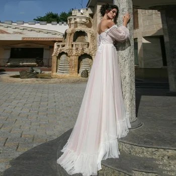 LORIE Boho różowy Wedding Dress A-Line aplikacje koronkowe bujne rękawy suknia ślubna Point Tulle 2019