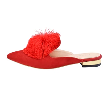 Lovirs Mules for Women,Puff Pompom-Embellished Slip On Loafers Backless Pointed Toe Satin Mule Slides