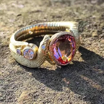 Luksusowe złote pierścienie-węże różowe kamienie kryształowe pierścienie koktajlowe imprezy Damskie obrączki ślubne, pierścionki Boho biżuteria prezenty kochanka