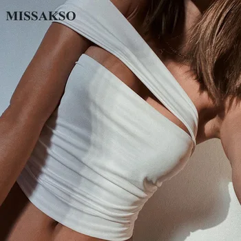 Missakso Summer Skinny Crop Top Backless Streetwear Lady Slash Neck Solid Black White Slim Sexy Women Ruched Tank Top