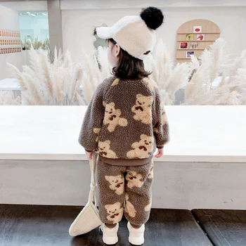 Moda dla dzieci zestawy kreskówka niedźwiedź druku pluszowy kostium od 1 do 7 lat chłopcy dziewczynki odzież Dziecięca jesień zima dziecko dziecko dziewczyna stroje
