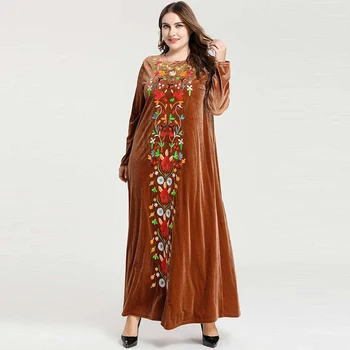 Muzułmański arabski duży rozmiar kobiety Islamska Turcja moda haftowane z długim rękawem, Bliski Wschód Dubaj codzienne Wielkie Złote aksamitna sukienka