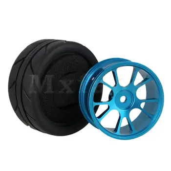 Mxfavs 4x RC 1:10 On-Road Car Blue Alloy 10 Spoke Wheel Rims Arrow Wzór gumowe opony