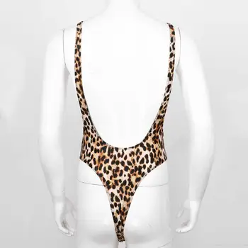 Męskie letnie леопардовые kostiumy klubowa Bodycon Sexy Catsuit Bodystocking bez rękawów Backless High Cut Mankini do wieczornej imprezy