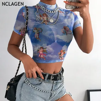 NCLAGEN Women Fashion Cute Angel Print Mesh T shirt Short Sleeve Pępka Bare Crop Tops Tees See Through T-Shirts Outwear