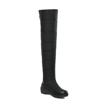 NESIMOO 2021 Over The Knee Boots Women PU Leather Down Zipper Women Shoes okrągły nosek pluszowe koturny zimowe rakiety śnieżne Size35-43
