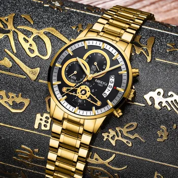 NIBOSI złote zegarki męskie chronograph ze stali nierdzewnej zegarek kwarcowy zegarek męski Analgue zegarek wodoodporny data świetlny Relogio Masculino