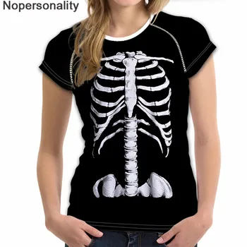 Nopersonality Cool Novelty Halloween Skeleton Rib Cage Woman ' s Summer T-Shirts Brand O Neck T Shirts for Teen Girls Black Shirt