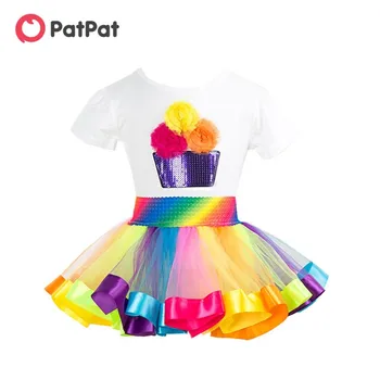 PatPat 2020 New Summer 2-piece 3D wystrój kwiatowy urodziny tęczowa koszulka i spódnica-paczka dla dziewczyn dla dzieci, zestawy dla dziewczynek stroje