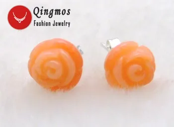 Qingmos Pink 8MM Hand Carved Rose kolczyki dla kobiet z naturalnym кораллом z Stering Silver 925 Stud Jewelry-ear250