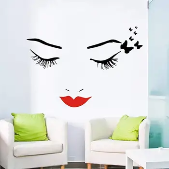 Salon kosmetyczny dekoracyjna naklejka rzęsy motyle Winylowa naklejka na ścianę wymienne oczy z Czerwonym wargą winyl na ścianie plakat AZ297