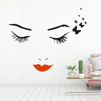 Salon kosmetyczny dekoracyjna naklejka rzęsy motyle Winylowa naklejka na ścianę wymienne oczy z Czerwonym wargą winyl na ścianie plakat AZ297