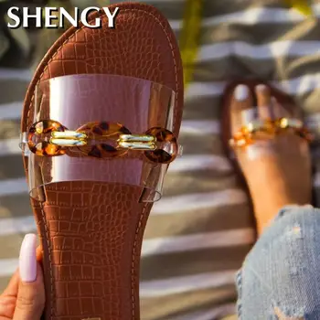 SHENGY letnie damskie pantofle plażowe Przezroczyste buty na płaskiej podeszwie Damskie sandały przezroczysty open toe odkryty slajdy damskie rzymskie japonki