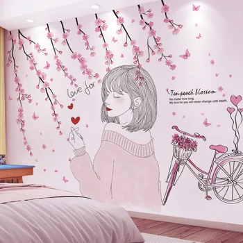 [shijuekongjian] kreskówka dziewczyna ściany naklejki DIY brzoskwinia kwiaty rower naklejki ścienne dla domu dla dzieci pokoje dziecięce, dekoracje