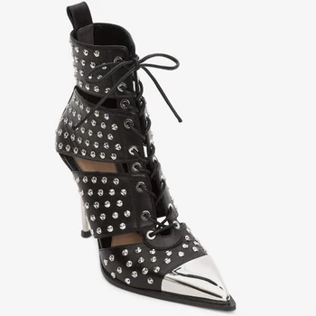 Silla Rulers 2019 czarne botki z naturalnej skóry i metalu na wysokim obcasie damskie punk nity sznurowane damskie sexy odkryte buty