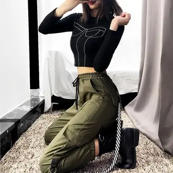 Spodnie Cargo Dla Kobiet Czarne Casual Biegaczy Wysoka Talia Temat Damskie Hip-Hop Spodnie Koreański Punk Spodnie Ulica Wojskowa Odzież