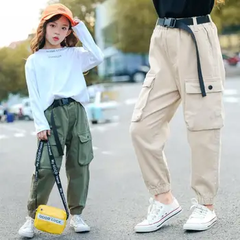 Spodnie dla dzieci dziewczyny spodnie-cargo fajne spodnie dresowe elastyczna dziewczyna nastolatka 5-14 lat dzieci bawełna, codzienny jogging spodnie odzież