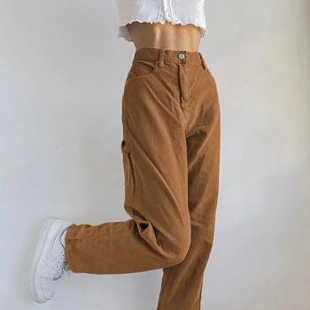SUCHCUTE damskie Y2K rocznika aksamitne spodnie z wysokim stanem damskie spodnie meble ubrania 90-tych casual Spodnie brązowy