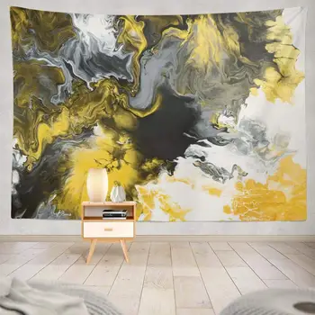 Szary i żółty sztuki dekoracyjne tkaniny czarno-biały ze złotym marmurem streszczenie akryl na ścianie gobelin