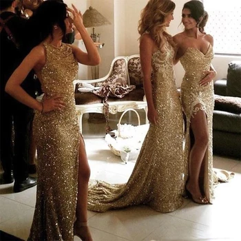 Szlafrok demoiselle d ' Honneur złote sukienki druhny tanie cekiny długie plus rozmiar sukienki druhny z rozcięciem V neck vestidos largos