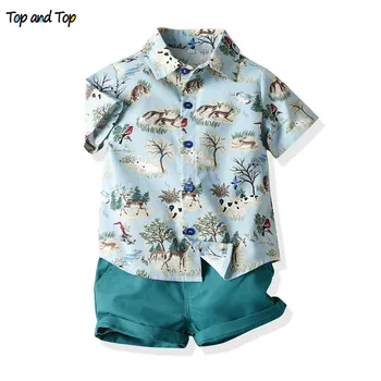 Top i top moda mali chłopcy pan letnia odzież zestaw wydruku zwierząt wzór koszula top+spodenki 2 szt. komplet chłopcy casual