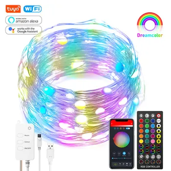 Tuya Smart WiFi LED Fairy String Lights Dreamcolor 10m, 100LED RGB RGBIC USB Strip Light Work Alexa Music Sync Christmas Light