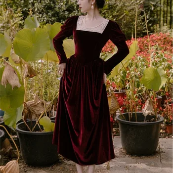 YAMDI długa suknia kobiety 2020 wiosna jesień pas elegancki artystycznej rocznika wysoka talia a-line v-neck nietoperz rękaw cekiny lądowisko dres