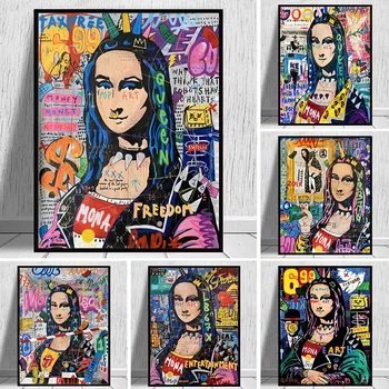 Zabawna Mona Lisa uliczne graffiti artystyczne plakaty i wydruki na płótnie Obraz na ścianie sztuki obraz Куадрос do wystroju salonu