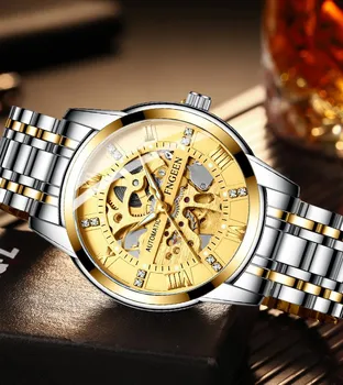 Zegarki męskie moda luksusowe puste tarcze automatyczne zegarki męskie zegarki mechaniczne Erkek Kol Saati czarne stalowe biznesowe zegarek