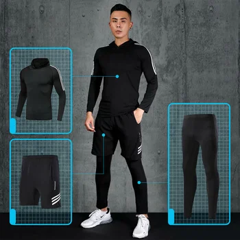 Zestaw z 3 części męska z kapturem O-neck odzież sportowa elastyczna odzież sportowa niebieski czarny odzież sportowa jogging fitness siłownię bieganie garnitur