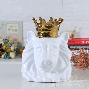 Złota Korona Król Lew głowa zwierzęcia banku do przechowywania niedźwiedź lis ozdoby figurki ceramiczne miniaturki do ślubu domowego biura wystrój