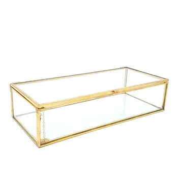 Złoty Złoty Vintage Szklany Pudełko Z Pokrywką Krawędź Opaski Keepsake Dekoracyjne Biżuteria Wyświetlacz Spersonalizowana Duża Przezroczysta, Prostokątna Skrzynia